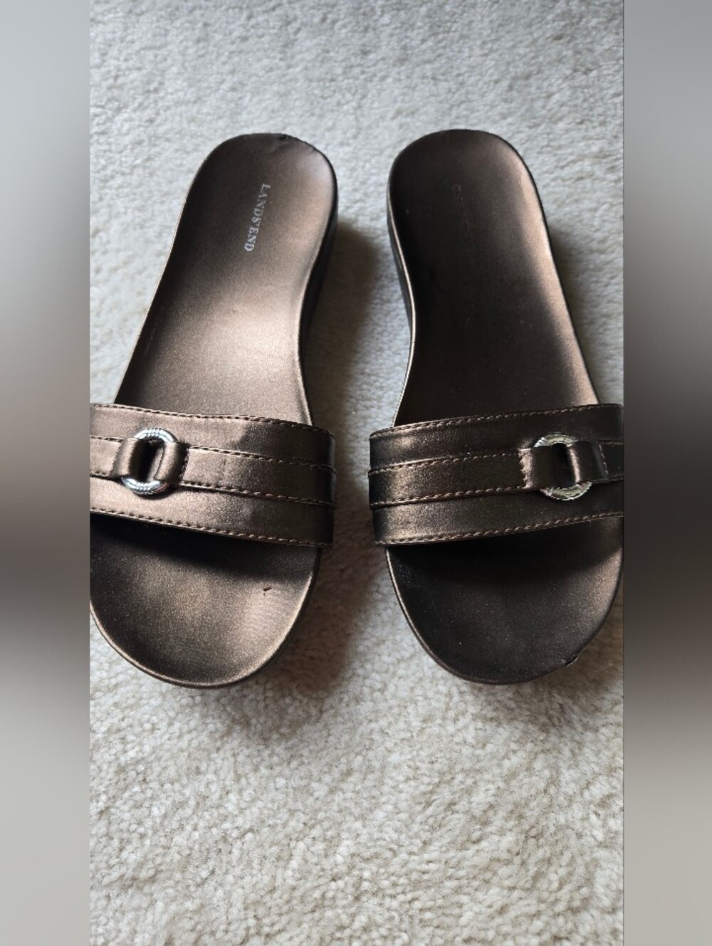 Lands' End Metallic Bronze Slide Sandals with Ring Accent